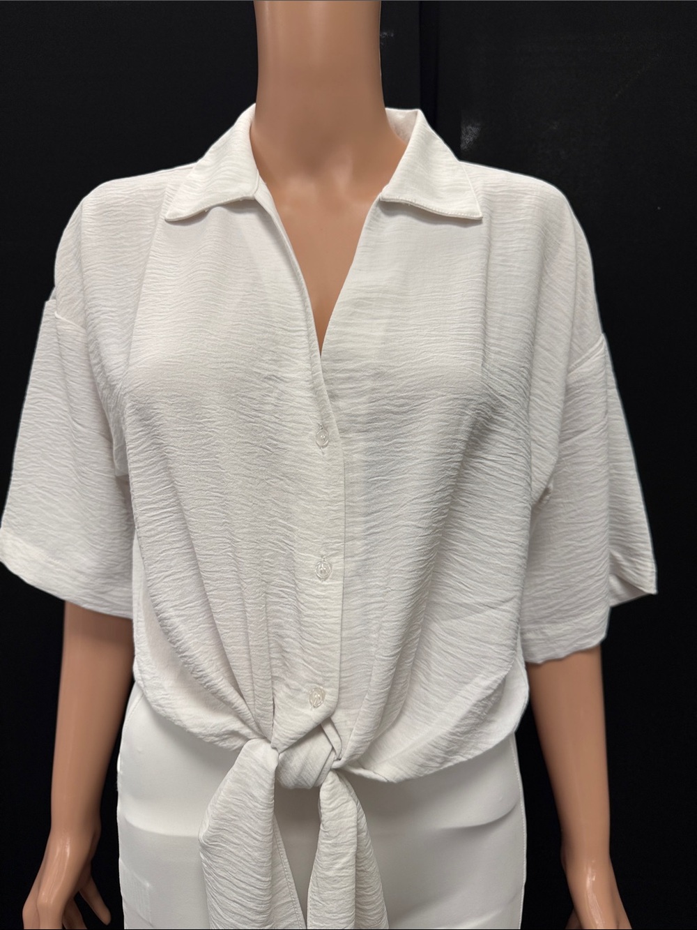 Have White Textured Tie-Front Blouse